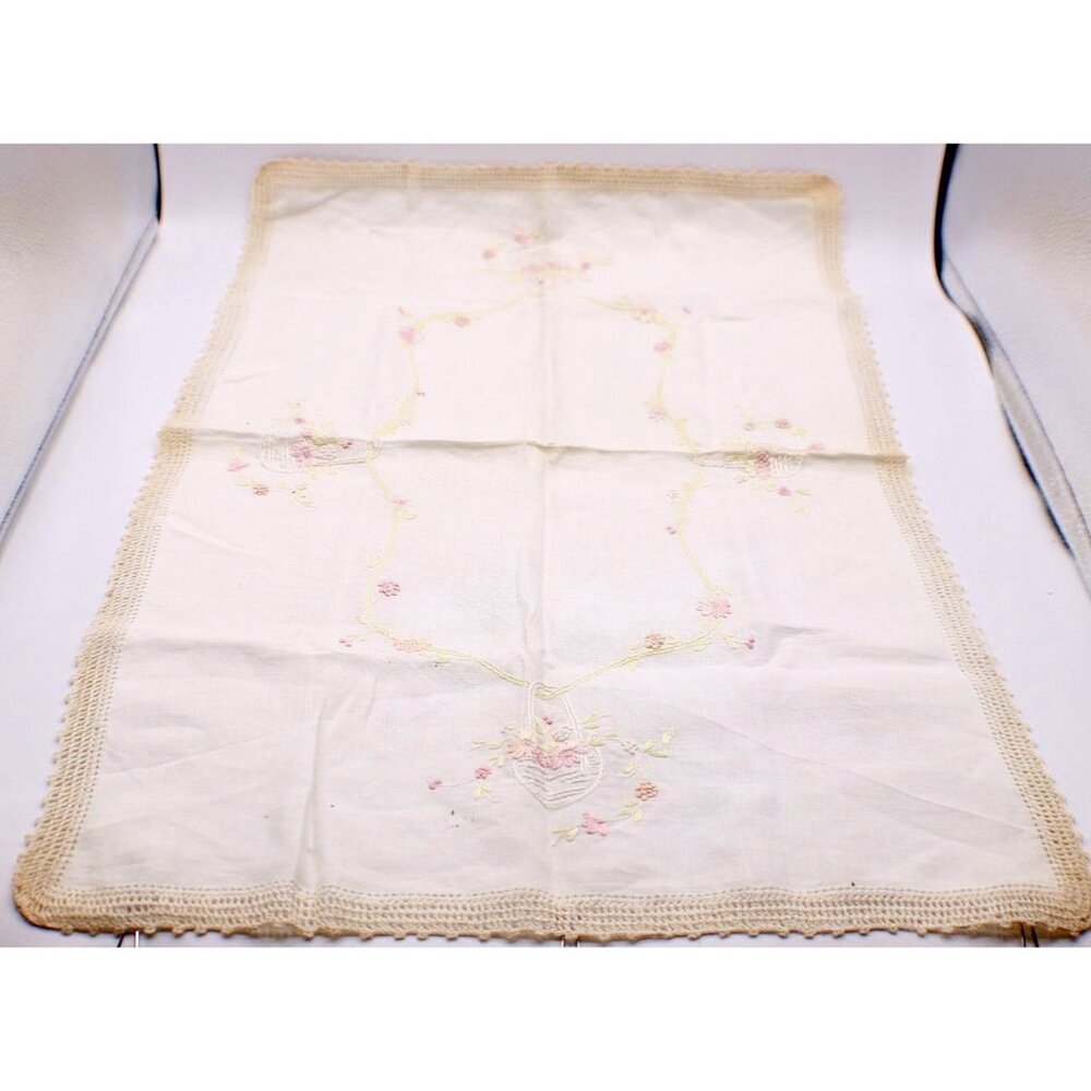 Vtg Handmade Embroidered Linen Table Runner Crochet Trim Floral Basket Design